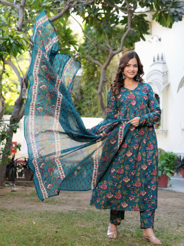 Stylish Blue Cotton Anarkali Kurta Set for Office and Casual Wear