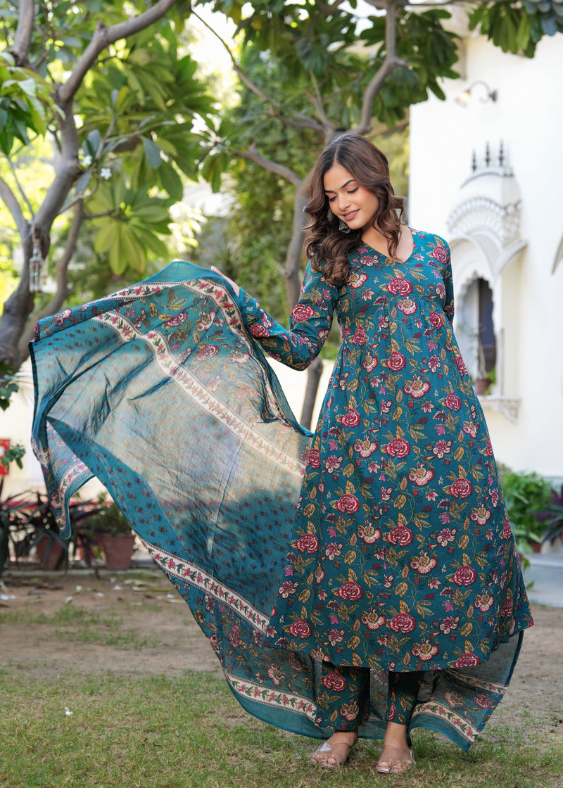 Stylish Blue Cotton Anarkali Kurta Set for Office and Casual Wear