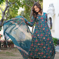 Stylish Blue Cotton Anarkali Kurta Set for Office and Casual Wear