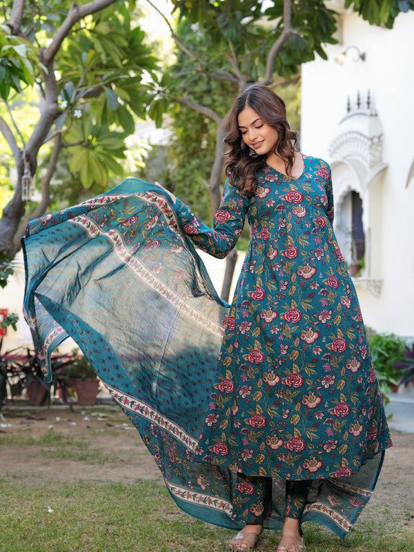 Stylish Blue Cotton Anarkali Kurta Set for Office and Casual Wear