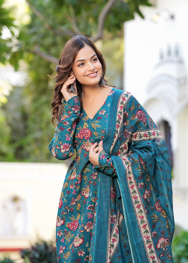 Stylish Blue Cotton Anarkali Kurta Set for Office and Casual Wear