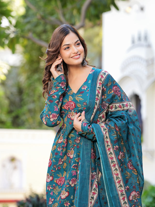 Stylish Blue Cotton Anarkali Kurta Set for Office and Casual Wear