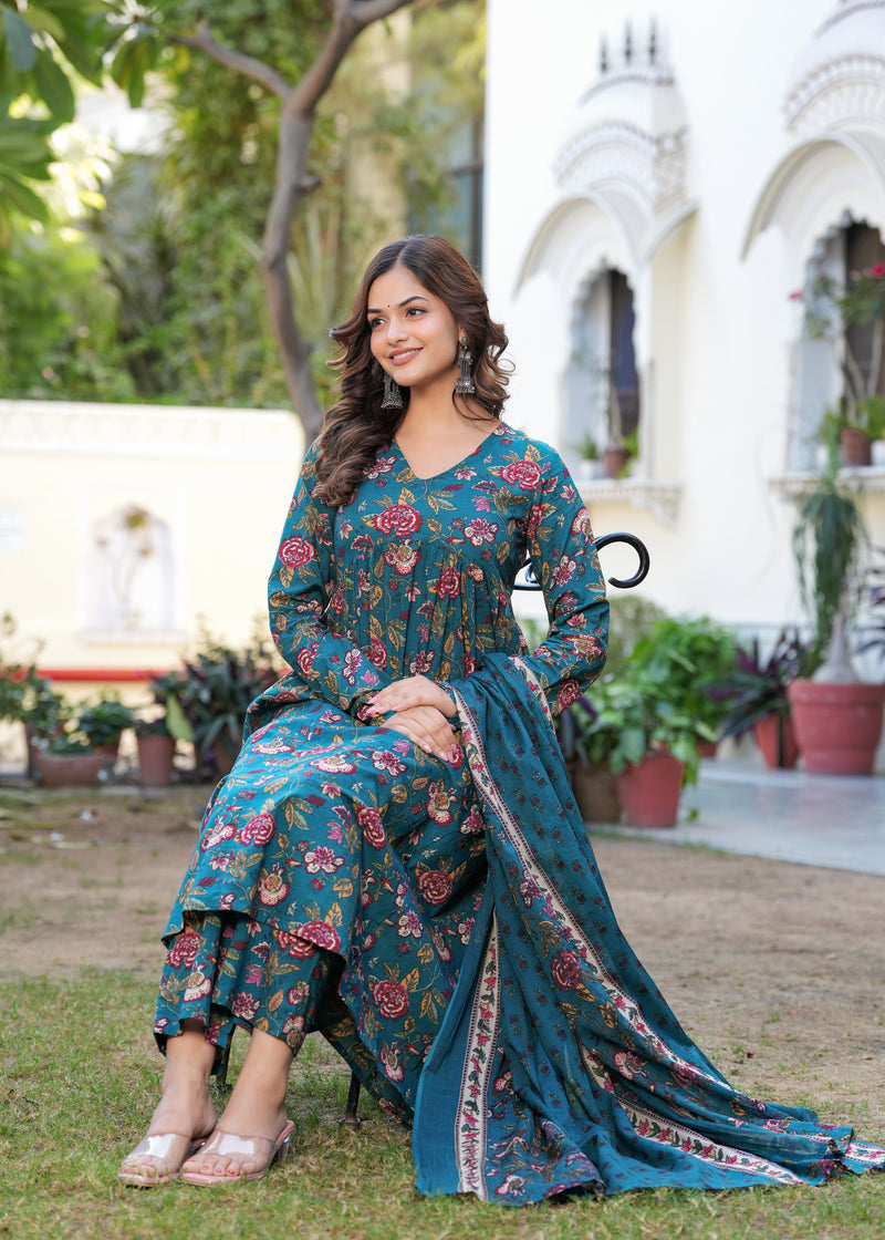 Stylish Blue Cotton Anarkali Kurta Set for Office and Casual Wear