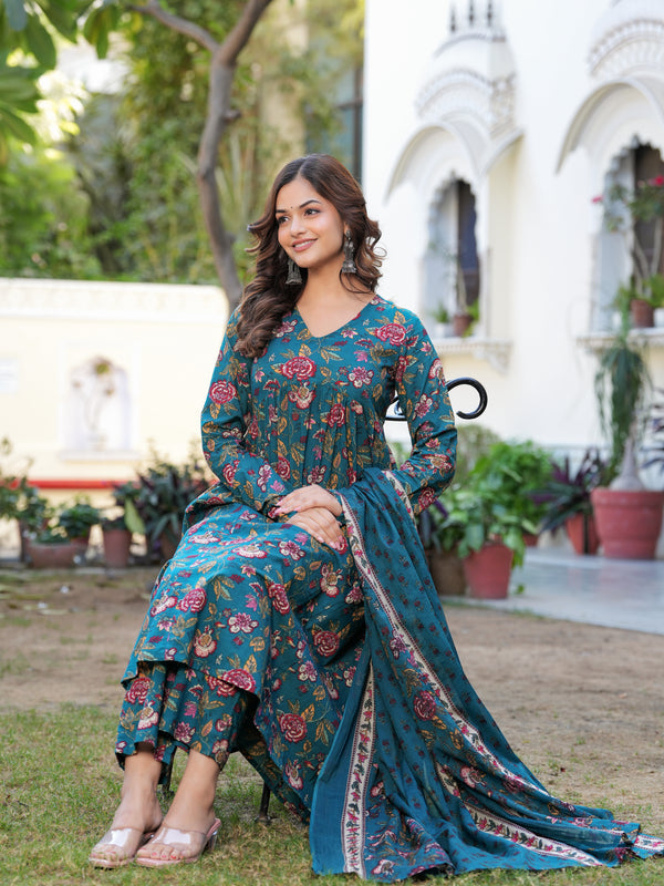Stylish Blue Cotton Anarkali Kurta Set for Office and Casual Wear