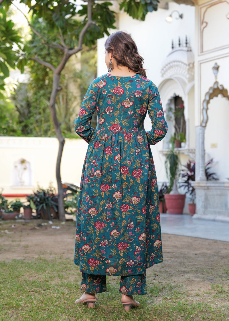 Stylish Blue Cotton Anarkali Kurta Set for Office and Casual Wear