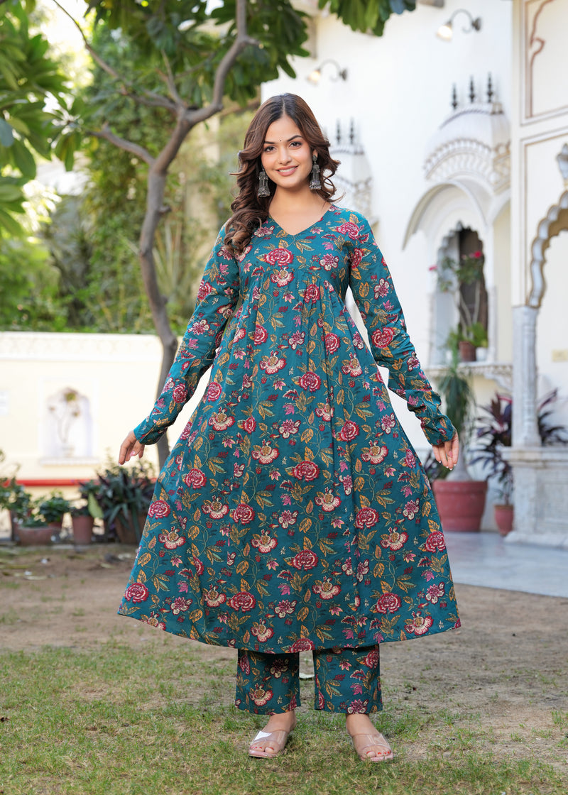 Stylish Blue Cotton Anarkali Kurta Set for Office and Casual Wear