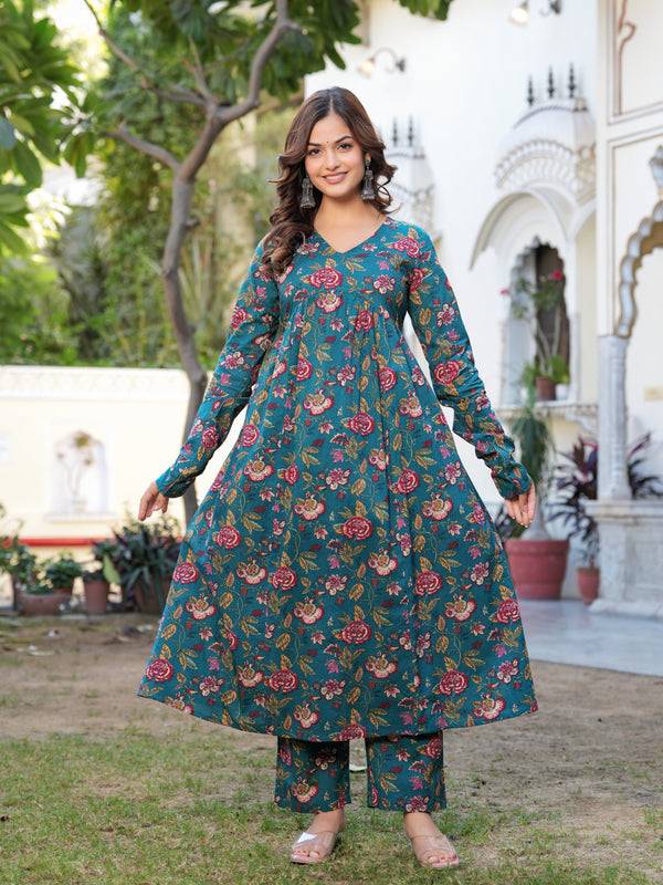 Stylish Blue Cotton Anarkali Kurta Set for Office and Casual Wear