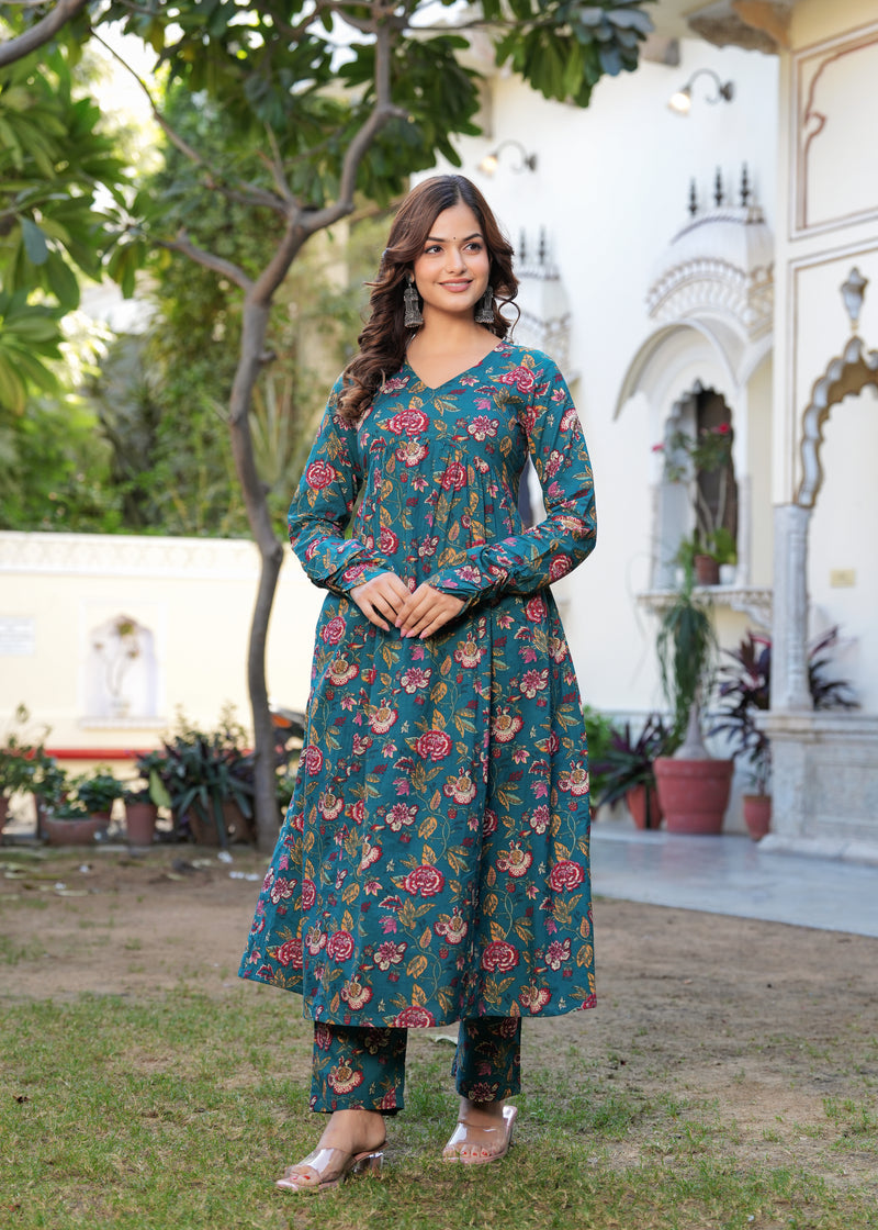 Stylish Blue Cotton Anarkali Kurta Set for Office and Casual Wear