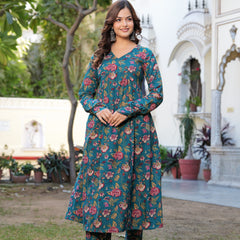 Stylish Blue Cotton Anarkali Kurta Set for Office and Casual Wear