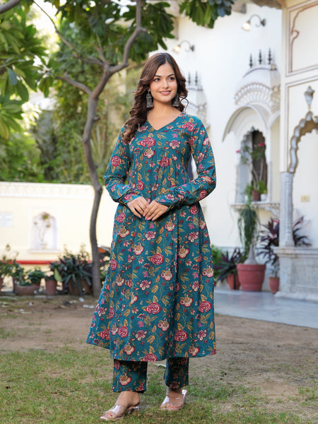 Stylish Blue Cotton Anarkali Kurta Set for Office and Casual Wear