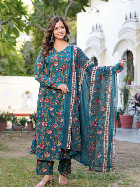 Stylish Blue Cotton Anarkali Kurta Set for Office and Casual Wear