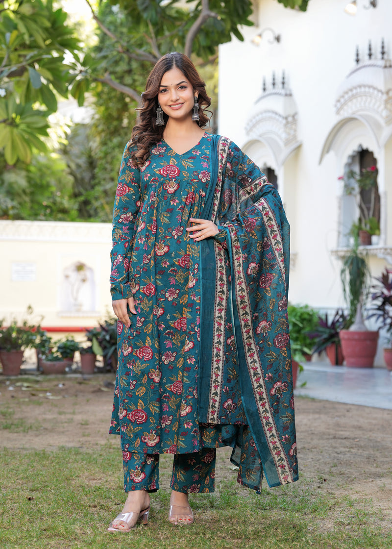 Stylish Blue Cotton Anarkali Kurta Set for Office and Casual Wear