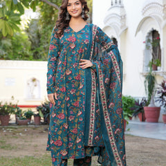 Stylish Blue Cotton Anarkali Kurta Set for Office and Casual Wear