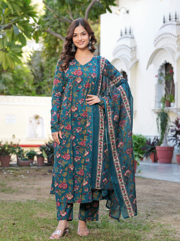 Stylish Blue Cotton Anarkali Kurta Set for Office and Casual Wear