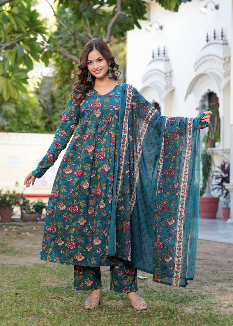 Stylish Blue Cotton Anarkali Kurta Set for Office and Casual Wear