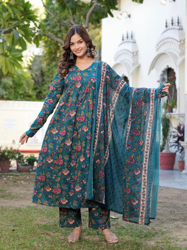 Stylish Blue Cotton Anarkali Kurta Set for Office and Casual Wear
