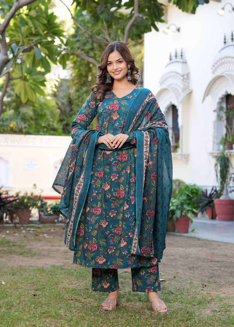 Stylish Blue Cotton Anarkali Kurta Set for Office and Casual Wear