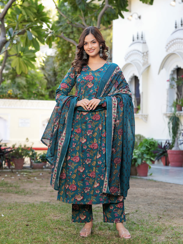 Stylish Blue Cotton Anarkali Kurta Set for Office and Casual Wear