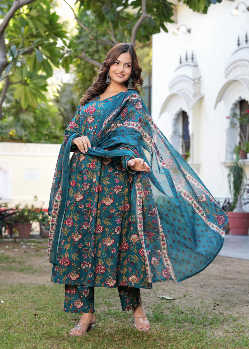 Stylish Blue Cotton Anarkali Kurta Set for Office and Casual Wear