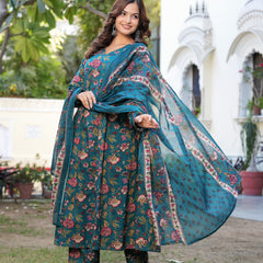 Stylish Blue Cotton Anarkali Kurta Set for Office and Casual Wear