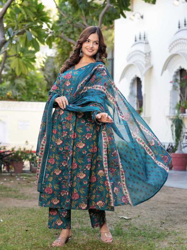 Stylish Blue Cotton Anarkali Kurta Set for Office and Casual Wear