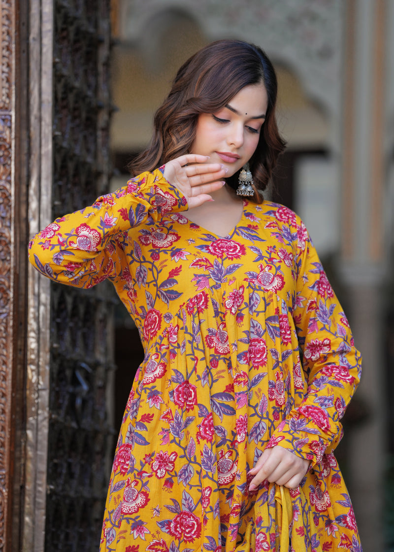 Bright Yellow Cotton Anarkali Kurta Set for Fresh Everyday Elegance