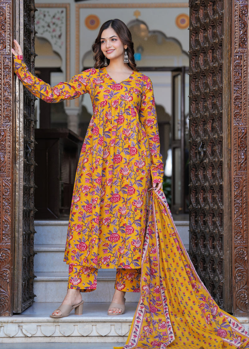 Bright Yellow Cotton Anarkali Kurta Set for Fresh Everyday Elegance