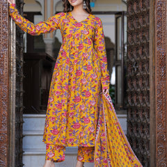 Bright Yellow Cotton Anarkali Kurta Set for Fresh Everyday Elegance