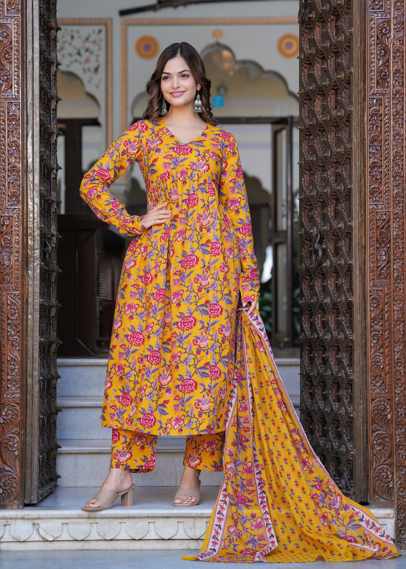 Bright Yellow Cotton Anarkali Kurta Set for Fresh Everyday Elegance