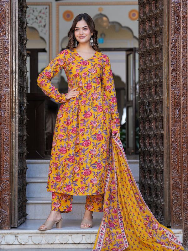 Bright Yellow Cotton Anarkali Kurta Set for Fresh Everyday Elegance