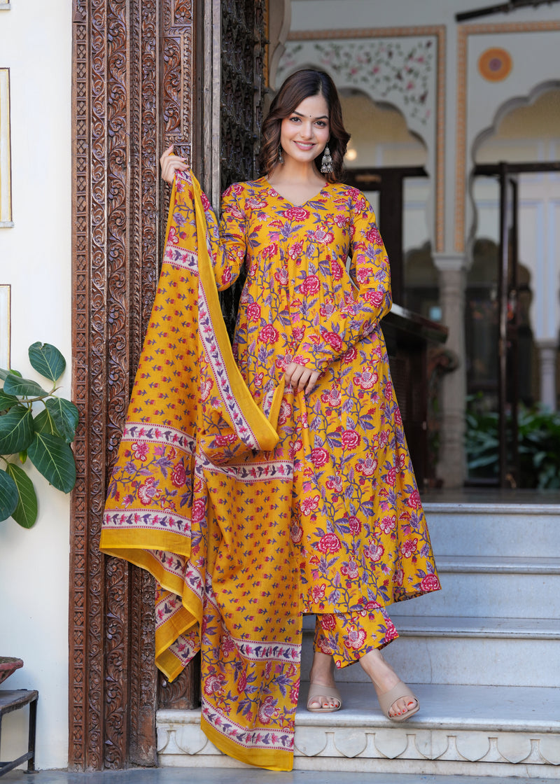 Bright Yellow Cotton Anarkali Kurta Set for Fresh Everyday Elegance