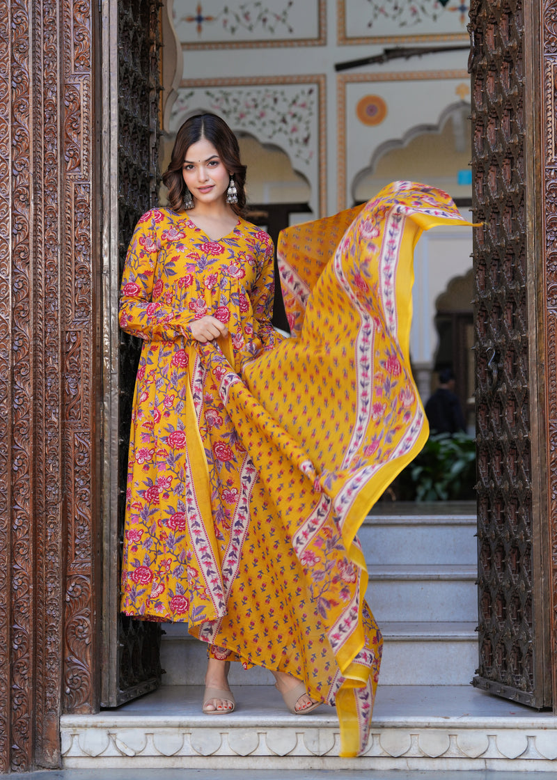 Bright Yellow Cotton Anarkali Kurta Set for Fresh Everyday Elegance