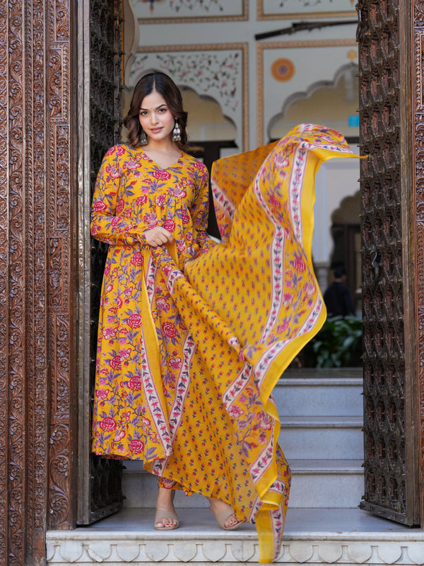Bright Yellow Cotton Anarkali Kurta Set for Fresh Everyday Elegance