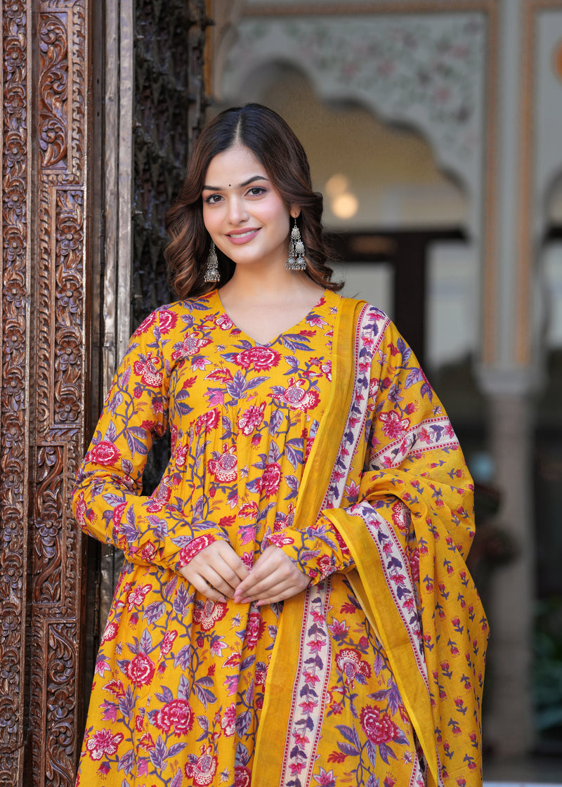 Bright Yellow Cotton Anarkali Kurta Set for Fresh Everyday Elegance