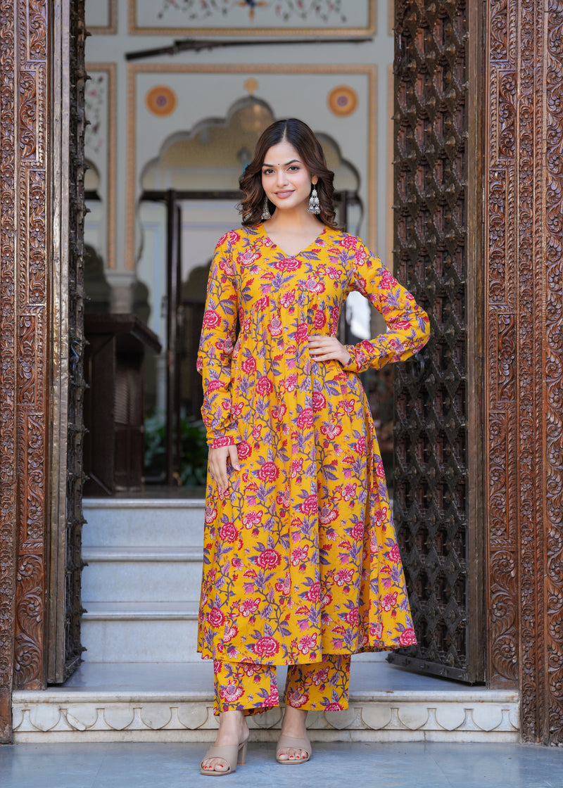 Bright Yellow Cotton Anarkali Kurta Set for Fresh Everyday Elegance