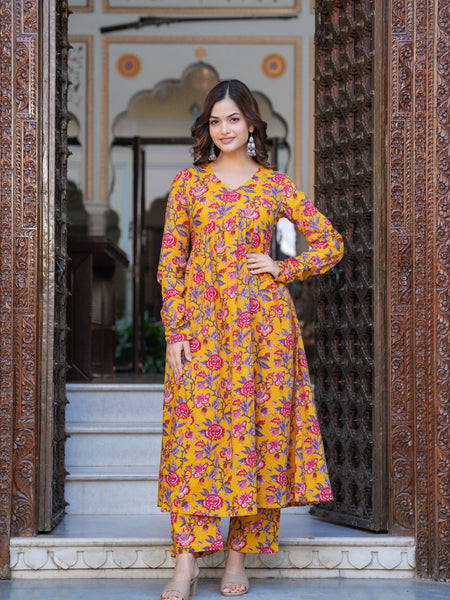 Bright Yellow Cotton Anarkali Kurta Set for Fresh Everyday Elegance