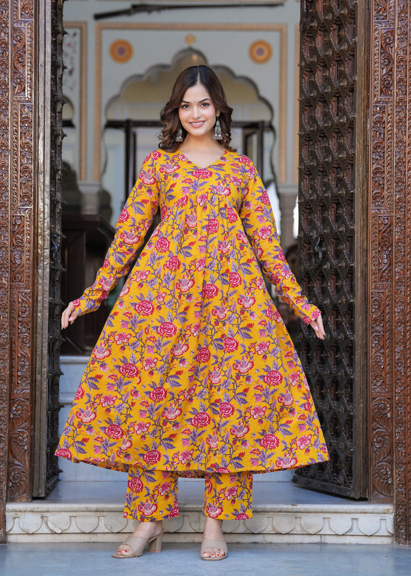 Bright Yellow Cotton Anarkali Kurta Set for Fresh Everyday Elegance