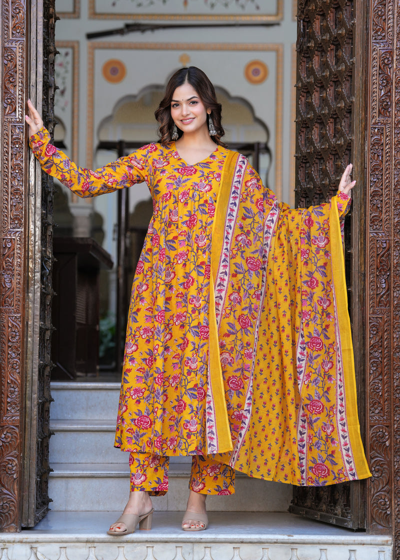 Bright Yellow Cotton Anarkali Kurta Set for Fresh Everyday Elegance