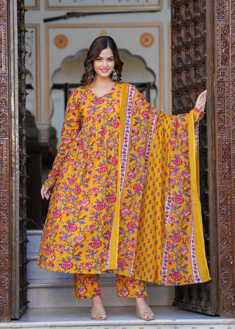 Bright Yellow Cotton Anarkali Kurta Set for Fresh Everyday Elegance