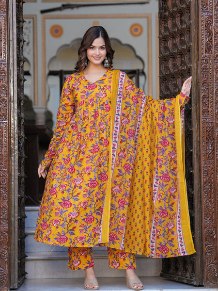 Bright Yellow Cotton Anarkali Kurta Set for Fresh Everyday Elegance