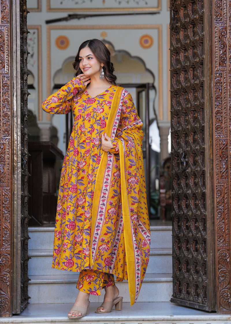 Bright Yellow Cotton Anarkali Kurta Set for Fresh Everyday Elegance