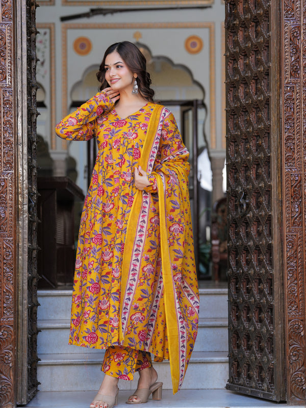 Bright Yellow Cotton Anarkali Kurta Set for Fresh Everyday Elegance