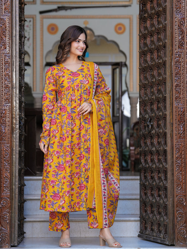 Bright Yellow Cotton Anarkali Kurta Set for Fresh Everyday Elegance