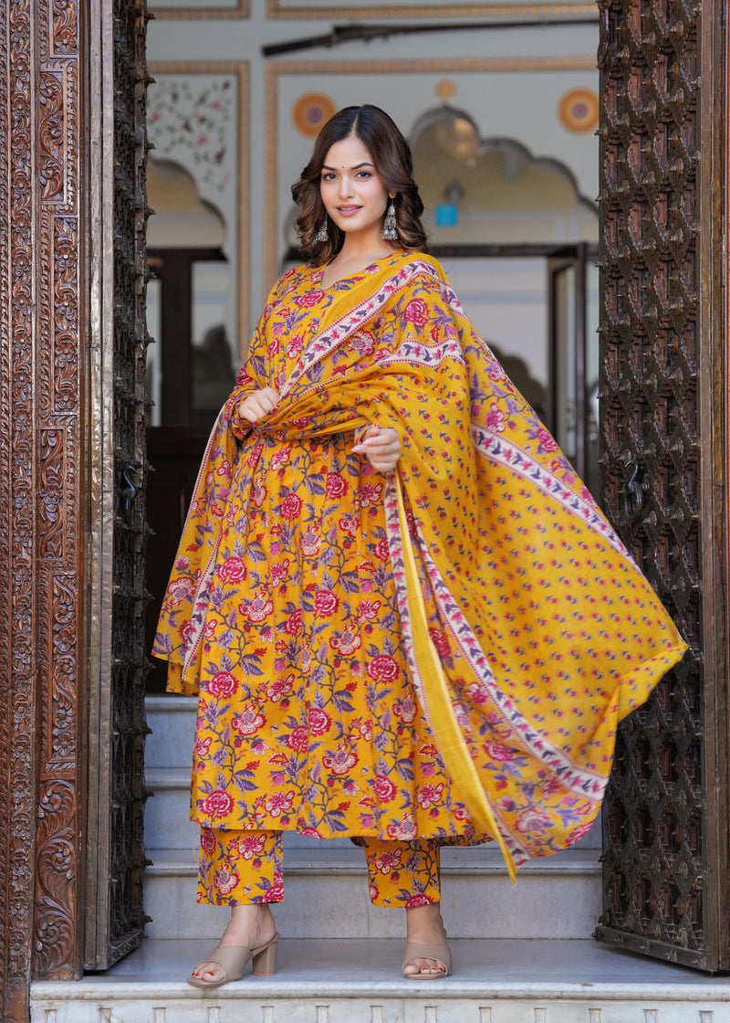 Bright Yellow Cotton Anarkali Kurta Set for Fresh Everyday Elegance