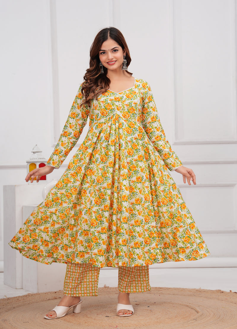 Yellow Cotton Anarkali Kurta Set – Elegant & Comfortable Ethnic Wear