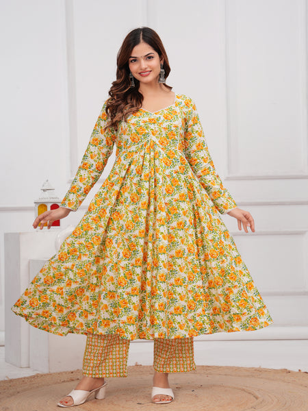 Yellow Cotton Anarkali Kurta Set – Elegant & Comfortable Ethnic Wear