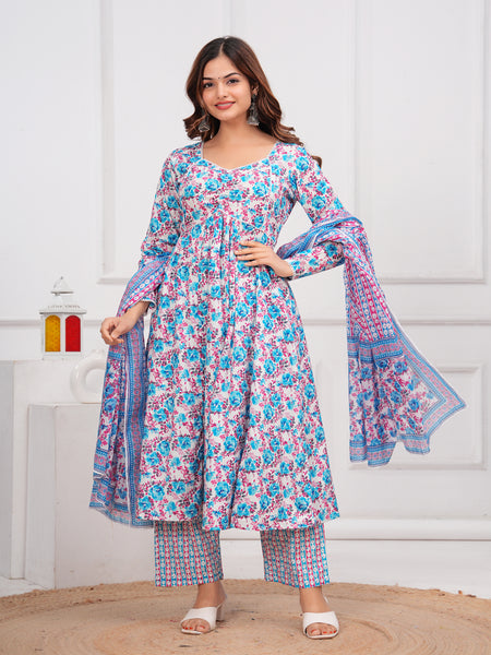 Blue Cotton Anarkali Kurta Set – Elegant & Comfortable Ethnic Wear