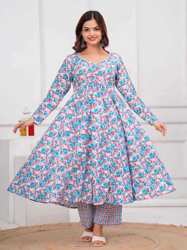 Blue Cotton Anarkali Kurta Set – Elegant & Comfortable Ethnic Wear