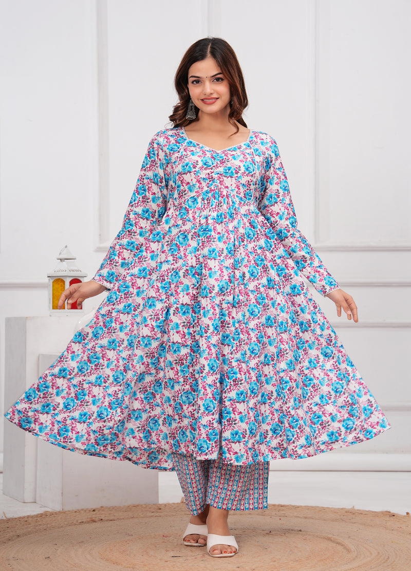 Blue Cotton Anarkali Kurta Set – Elegant & Comfortable Ethnic Wear