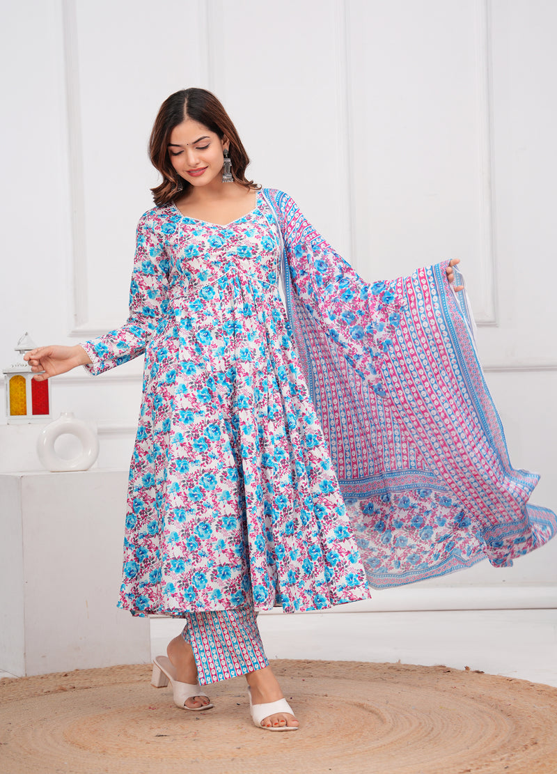 Blue Cotton Anarkali Kurta Set – Elegant & Comfortable Ethnic Wear